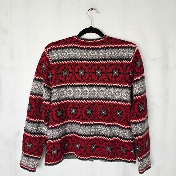 Vintage Talbots Red Gray Striped Fair Isle Embroidered Button Cardigan Sweater - Picture 2 of 6